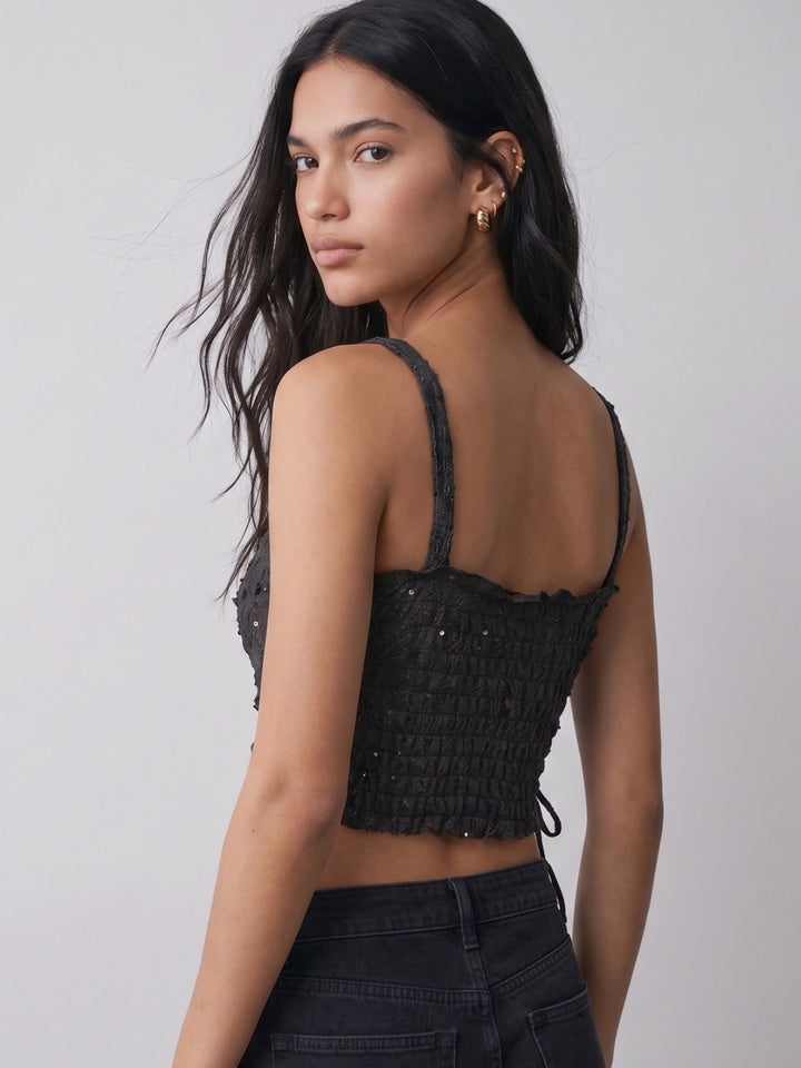 Charcoal Shoulder Strap U Hem Printed Top