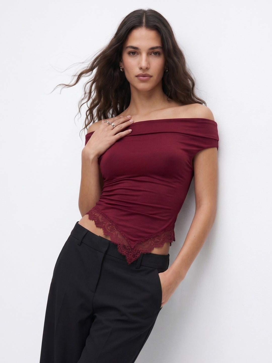 Burgundy Off-Shoulder Top With Lace Hem