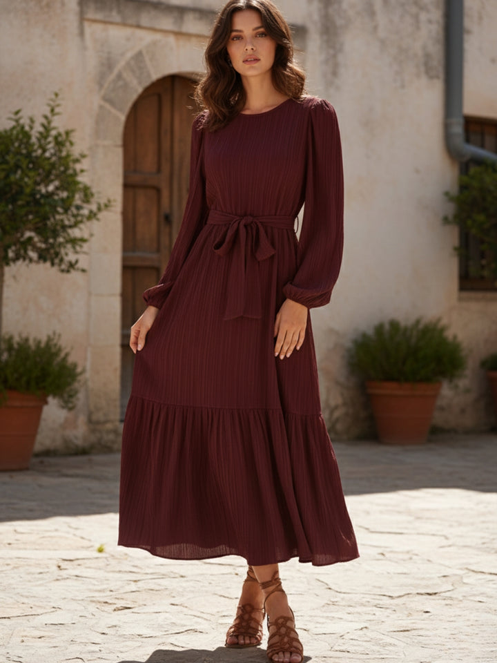 Brown Full Sleeve Round Neck Ruffle Hem Dress