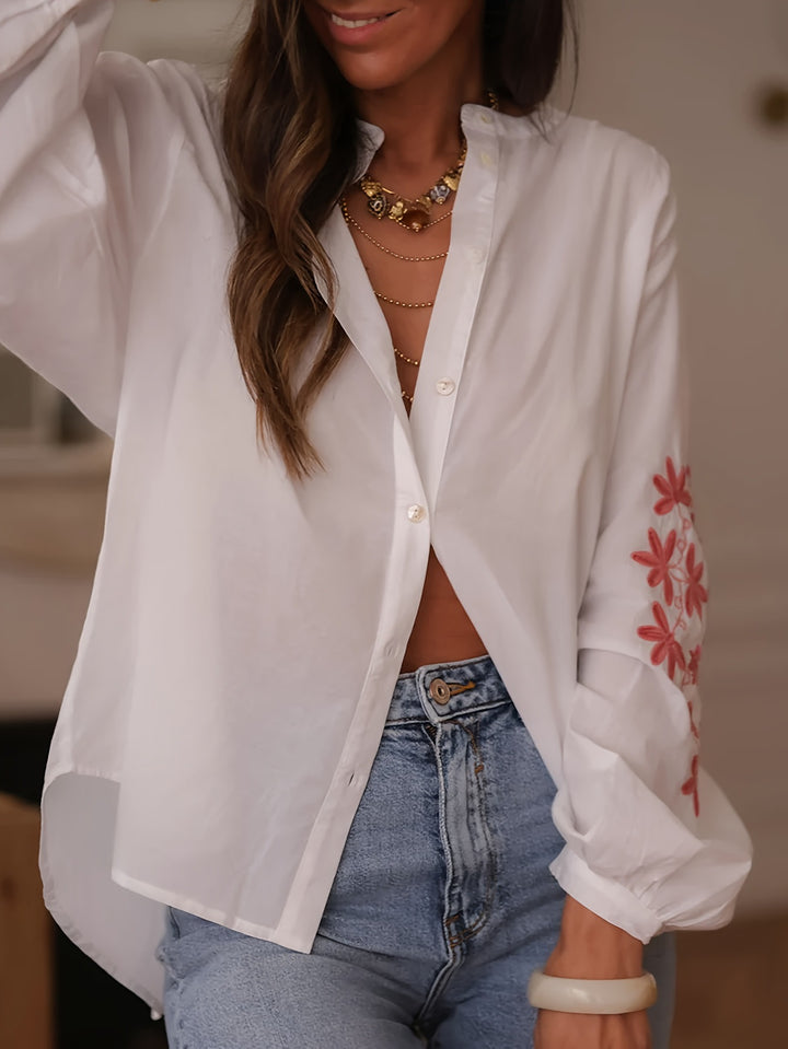 White Bishop Sleeve Front Buttoned Mandarin Collar Embroidered Top