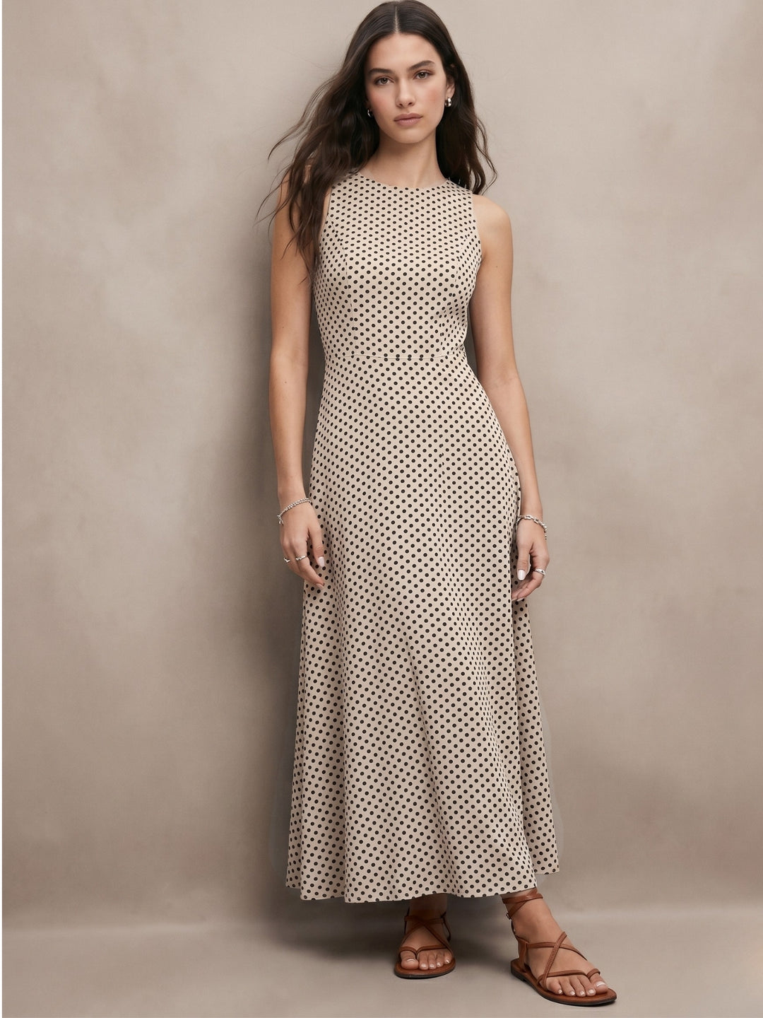 Beige Back Cut-Out Polka Printed Dress