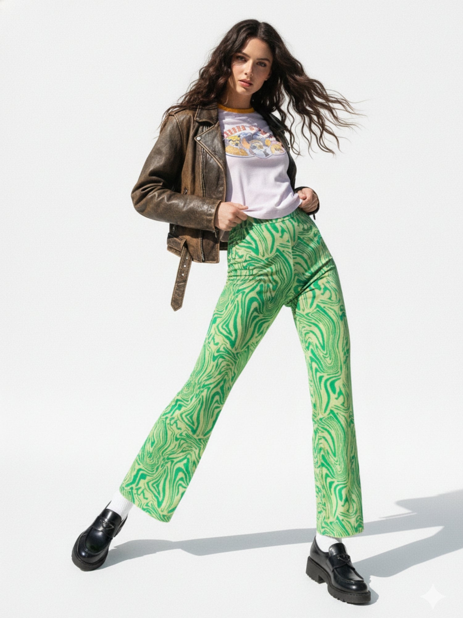 Green Printed Straight Fit Pants