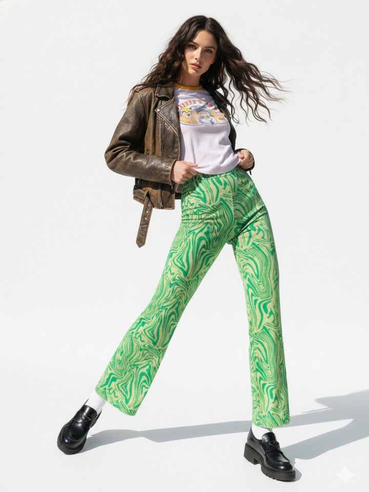 Green Printed Straight Fit Pants