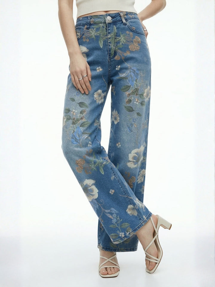 Blue Floral Printed Denim Jeans