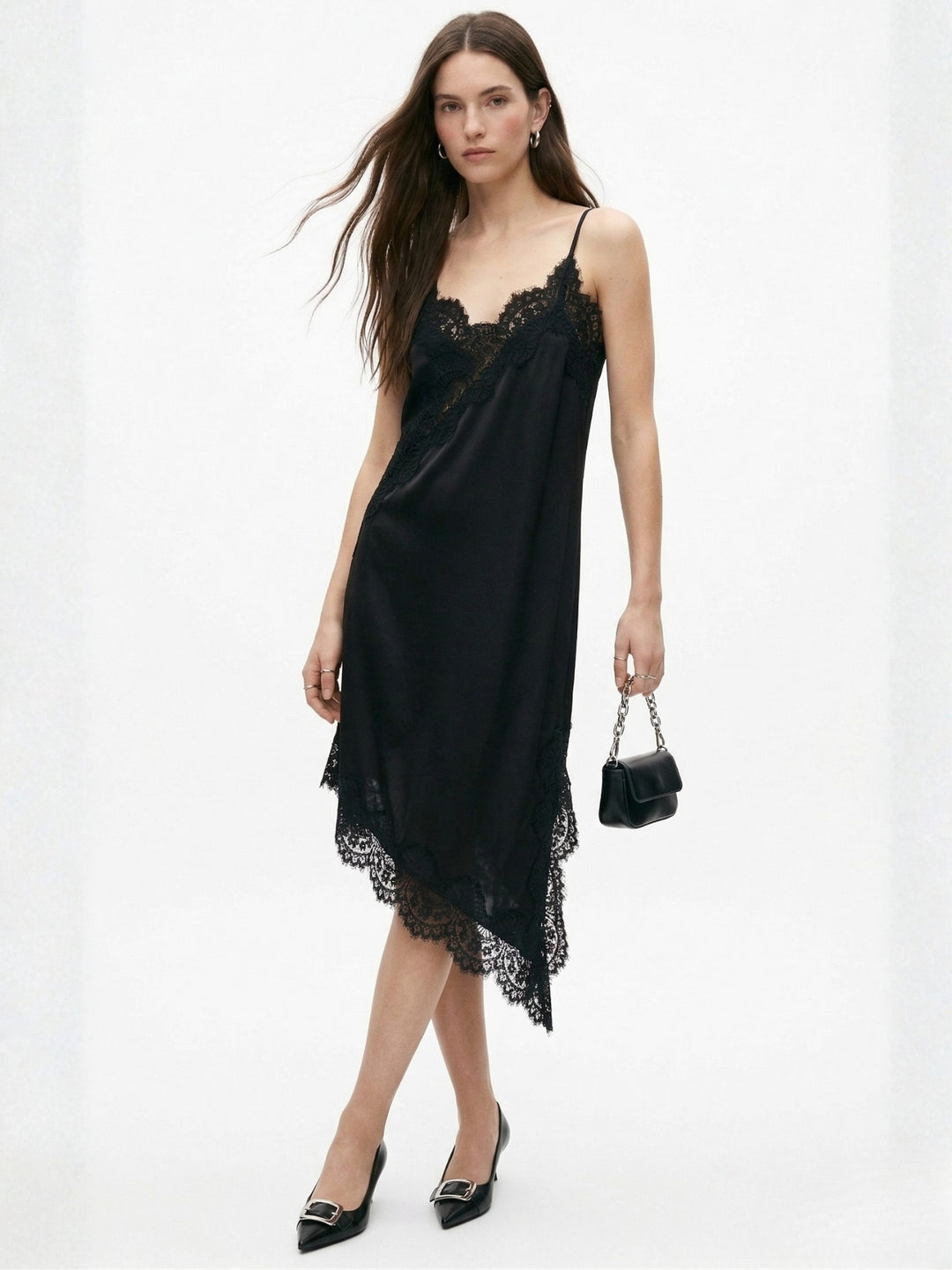 Black Asymmetric Hem Dress With Lace Inserts