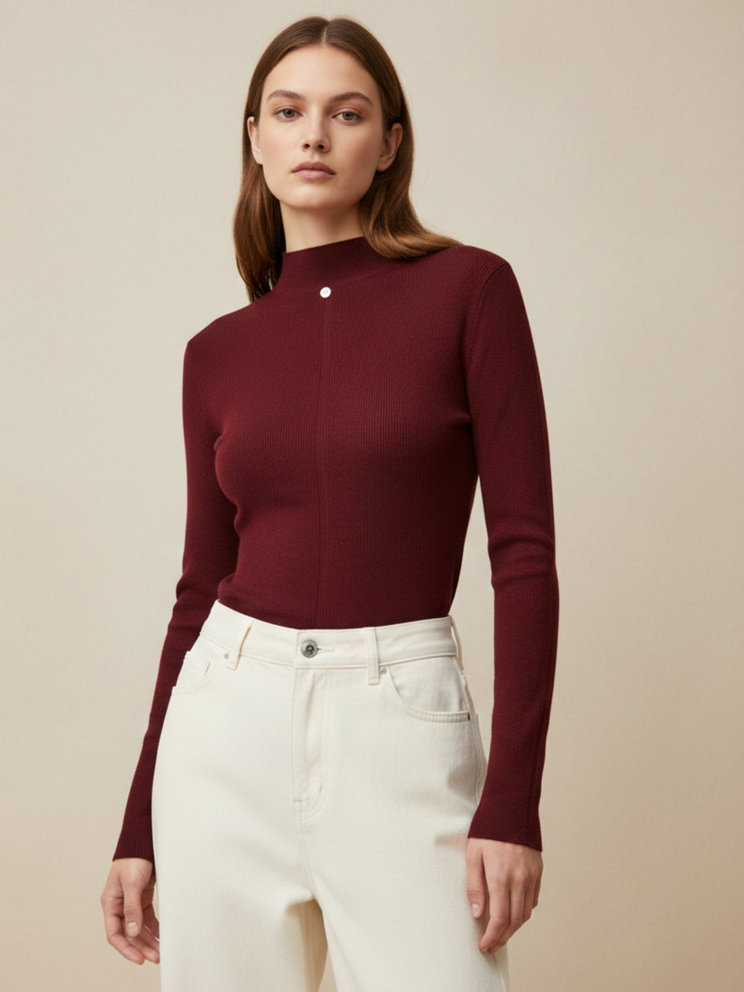 Wine Centre Seam Detailed High Neck Top