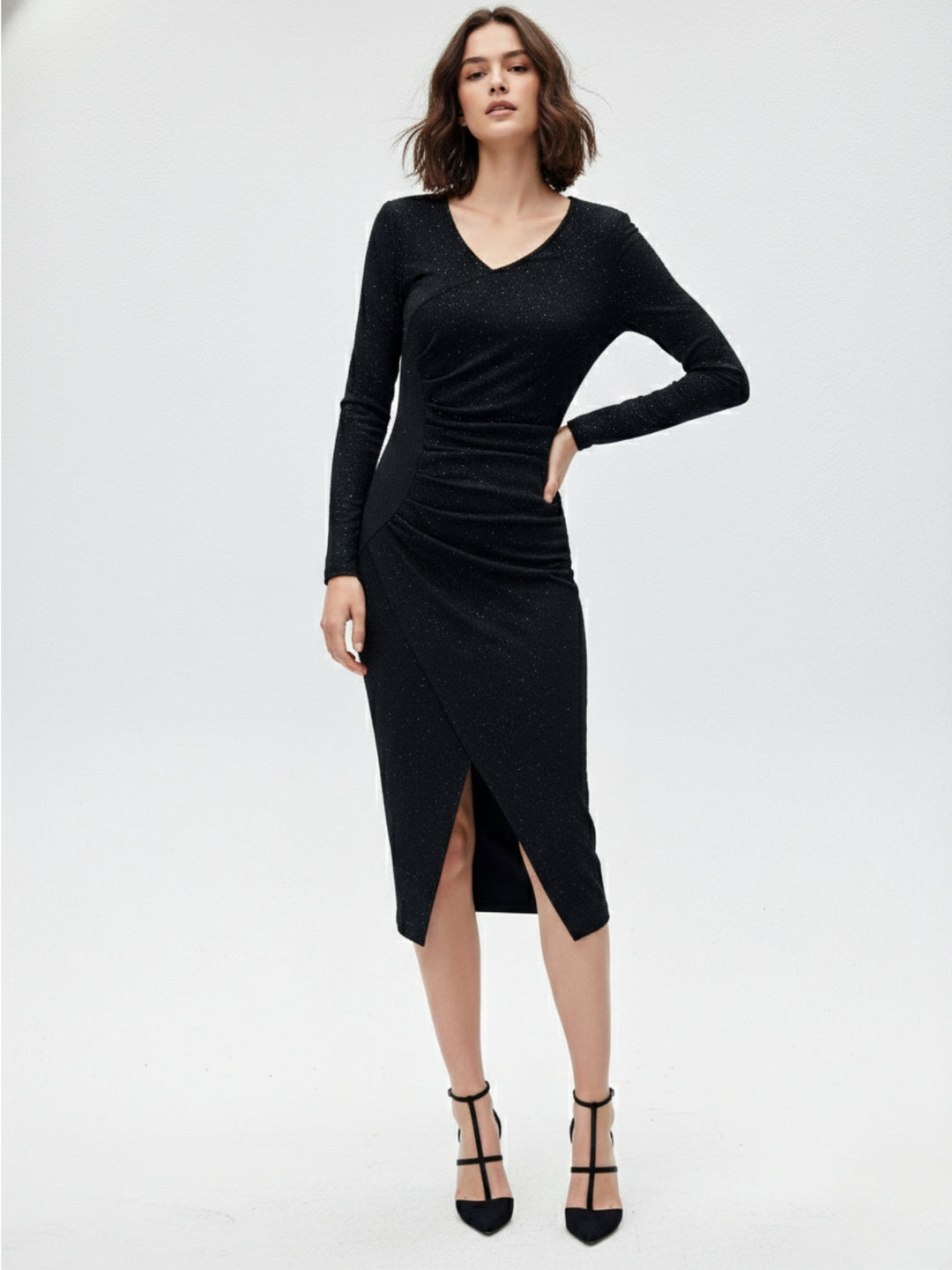 Black Shimmer Wrap Midi Dress