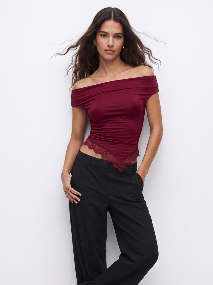Burgundy Off-Shoulder Top With Lace Hem
