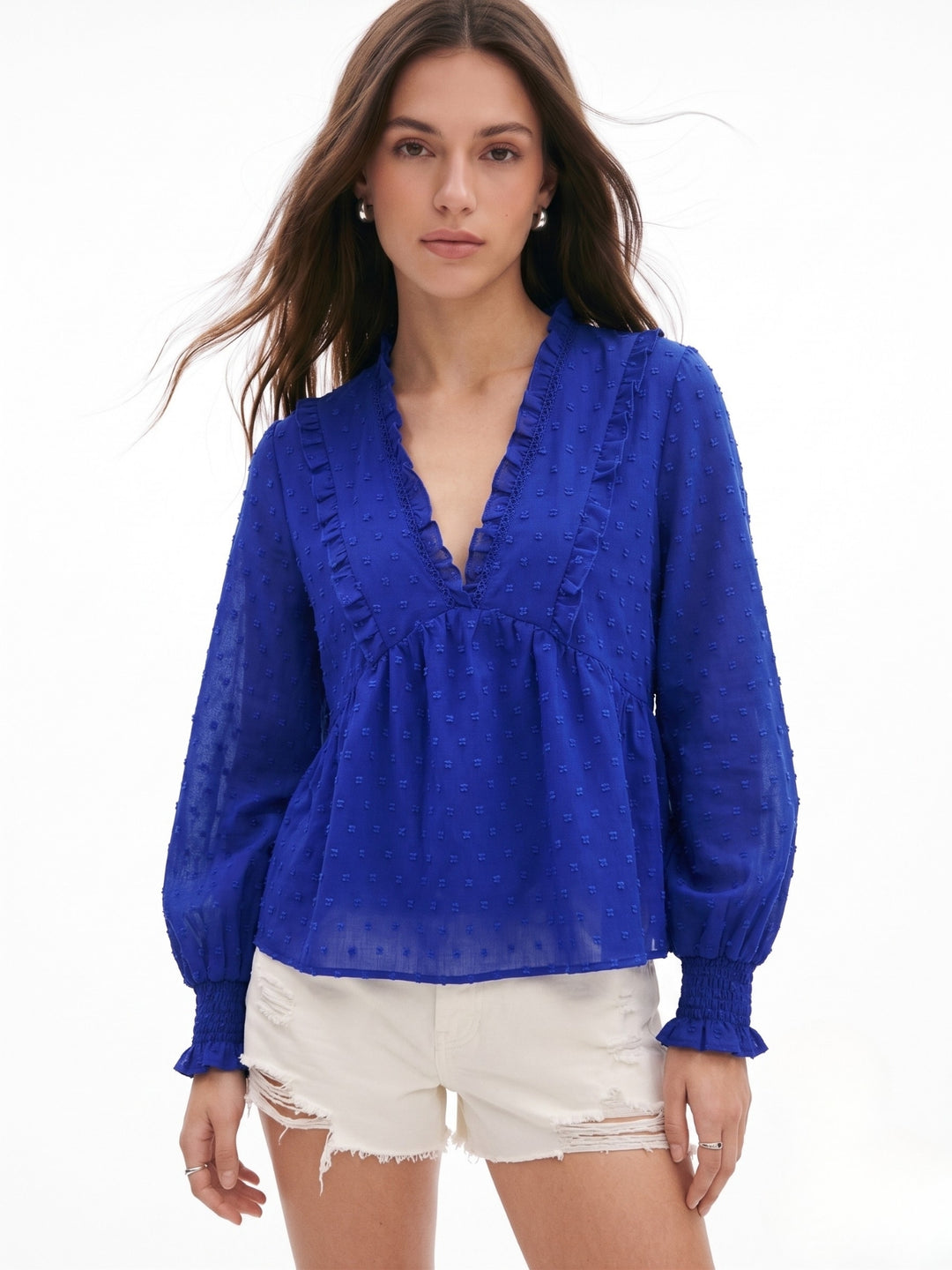 Blue Ruffle Edge Bishop Sleeve Top