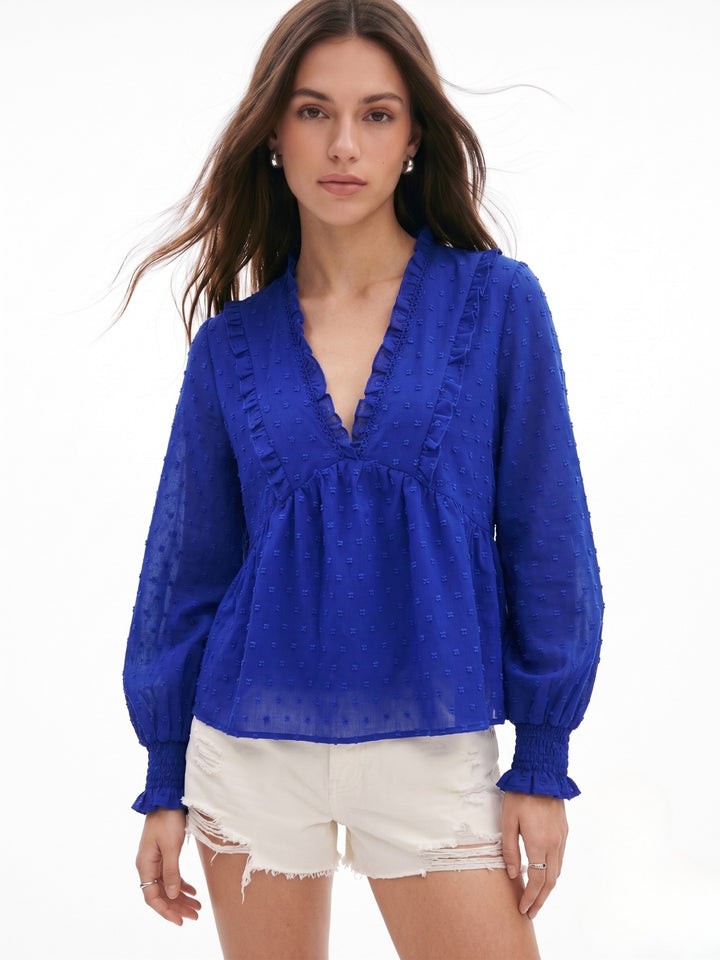 Blue Ruffle Edge Bishop Sleeve Top