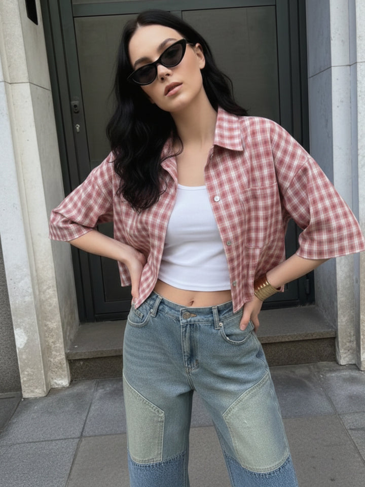 Pink Short Sleeve Front Buttoned Collar