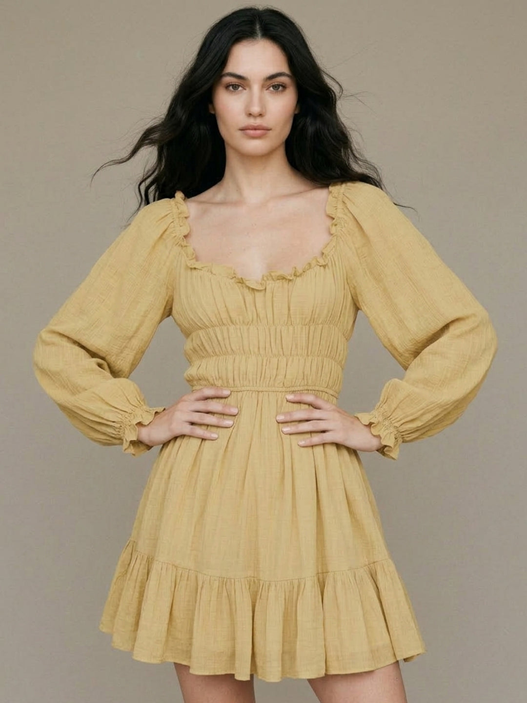 Yellow Bishop Sleeve Ruffle Hem Dress