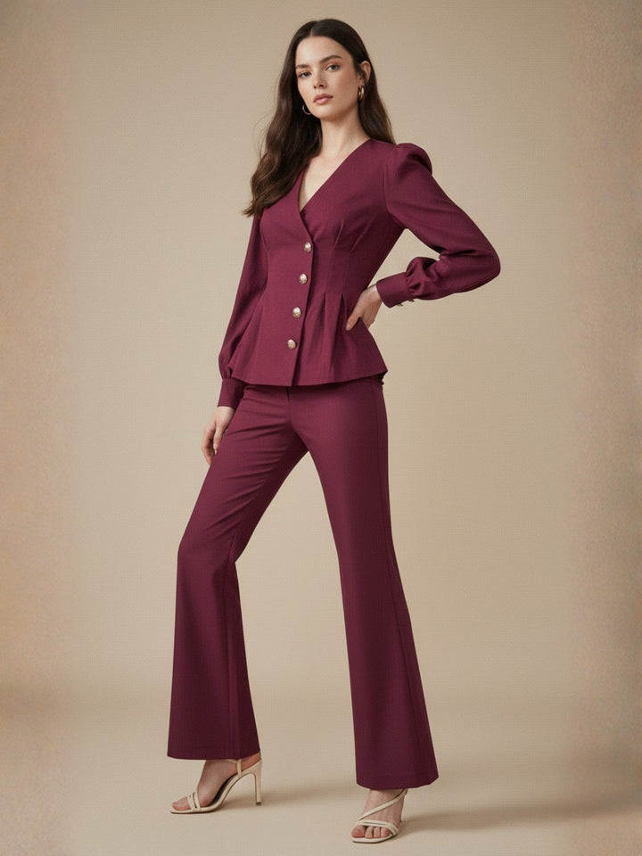 Wine Cinched Waist Vest Top With Pants Co-Ord Set