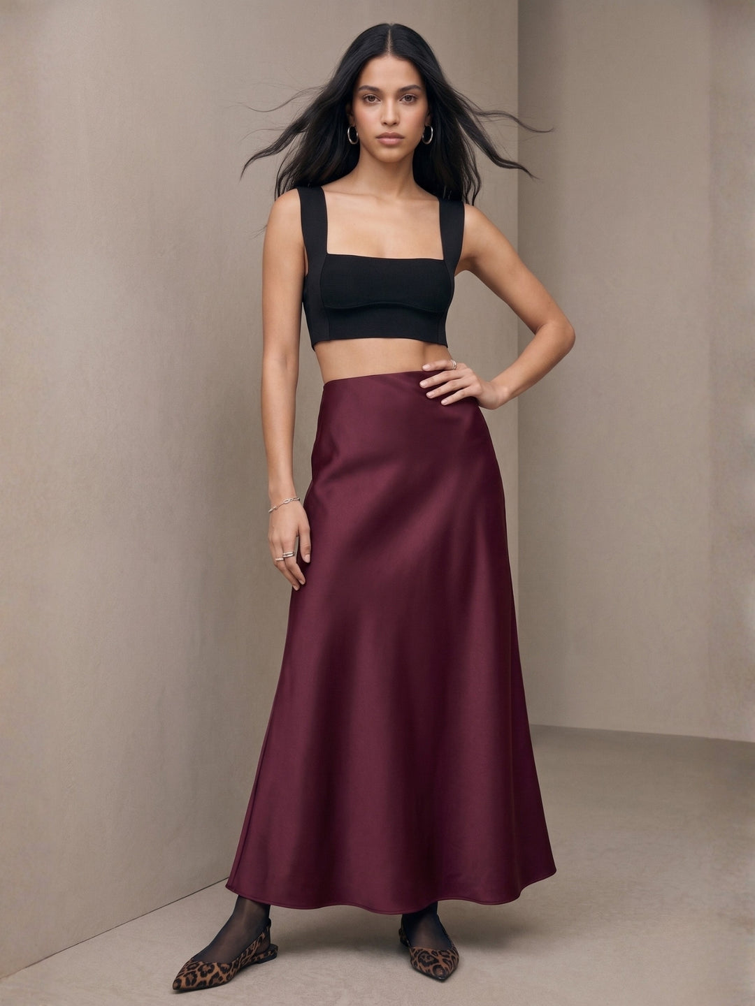 Wine High Waist Satin Skirt