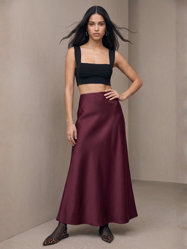 Wine High Waist Satin Skirt