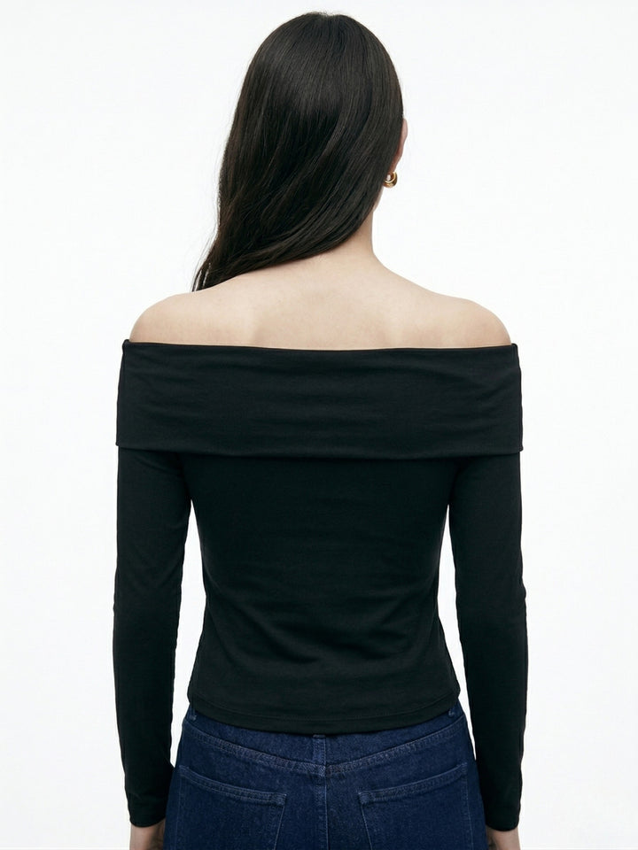 Black Off-Shoulder With Metal Buckle Trim Detail Top