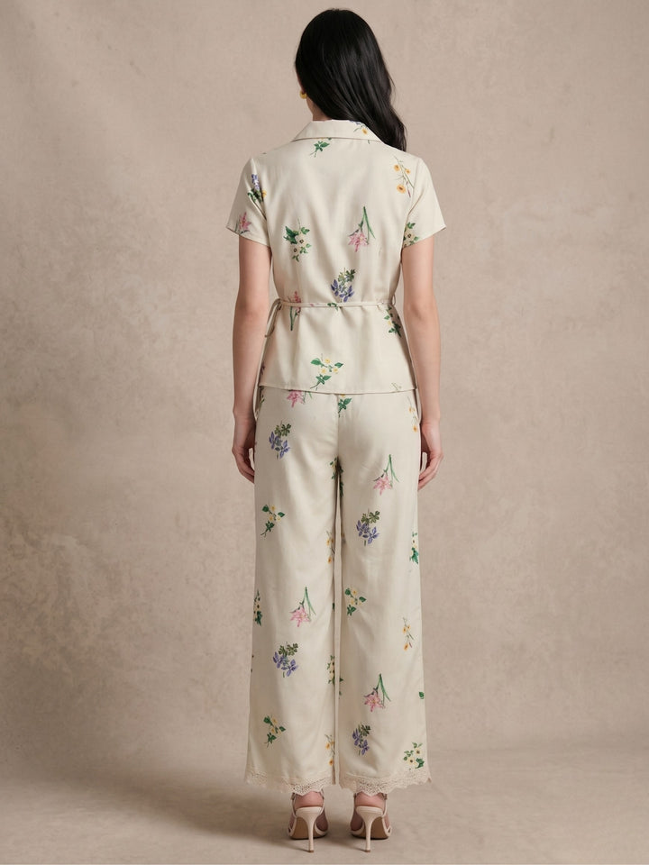White Printed Wrap Top Co-ord And Wide Leg Trouser With Lace Trim