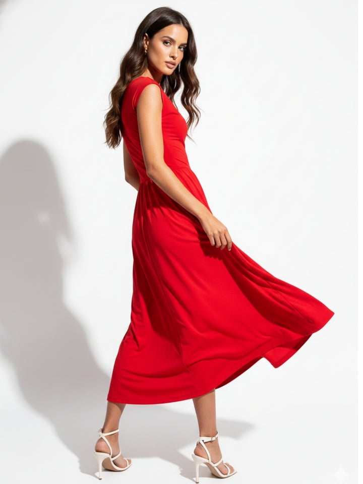 Red Asymmetrical Neckline Flared Dress