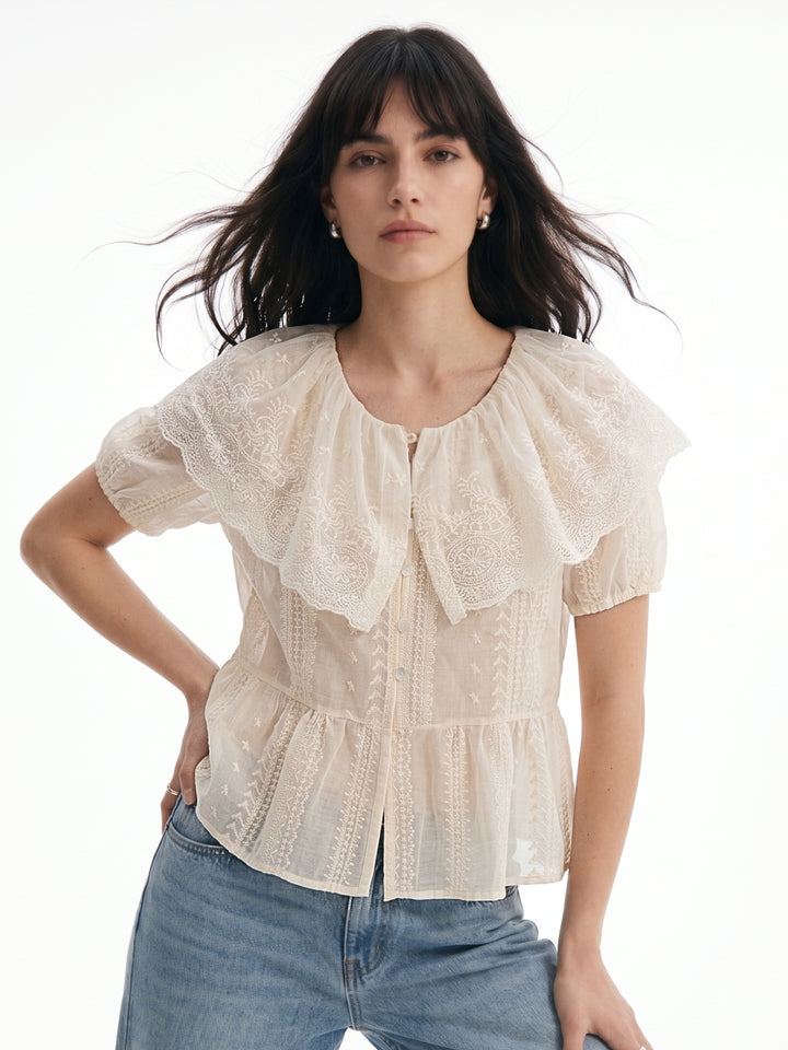 Off White Scallop Edge Lace Detail Top