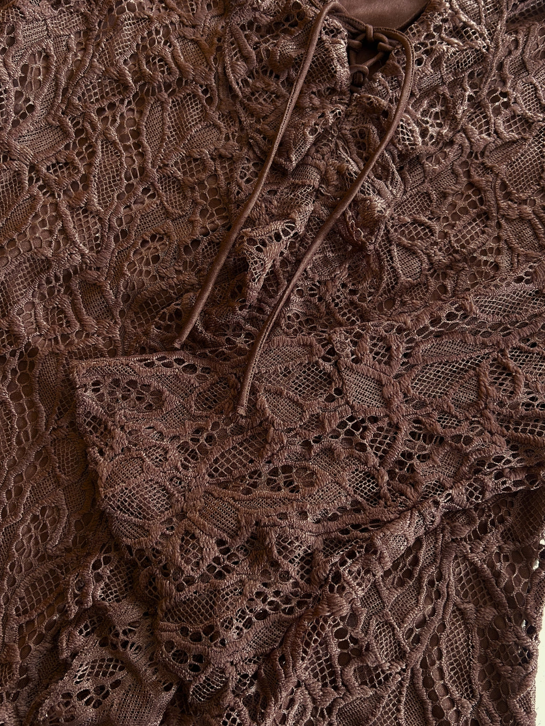Brown Lace Dress With Ruffled Details & Flared Sleeves
