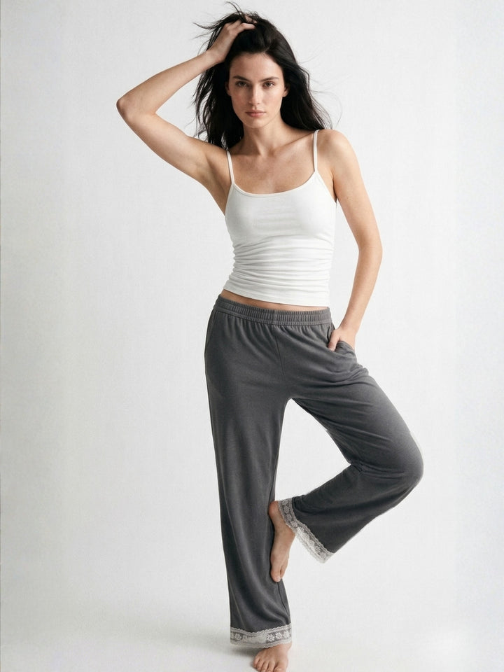 Grey High Waist Lace Hem Pant