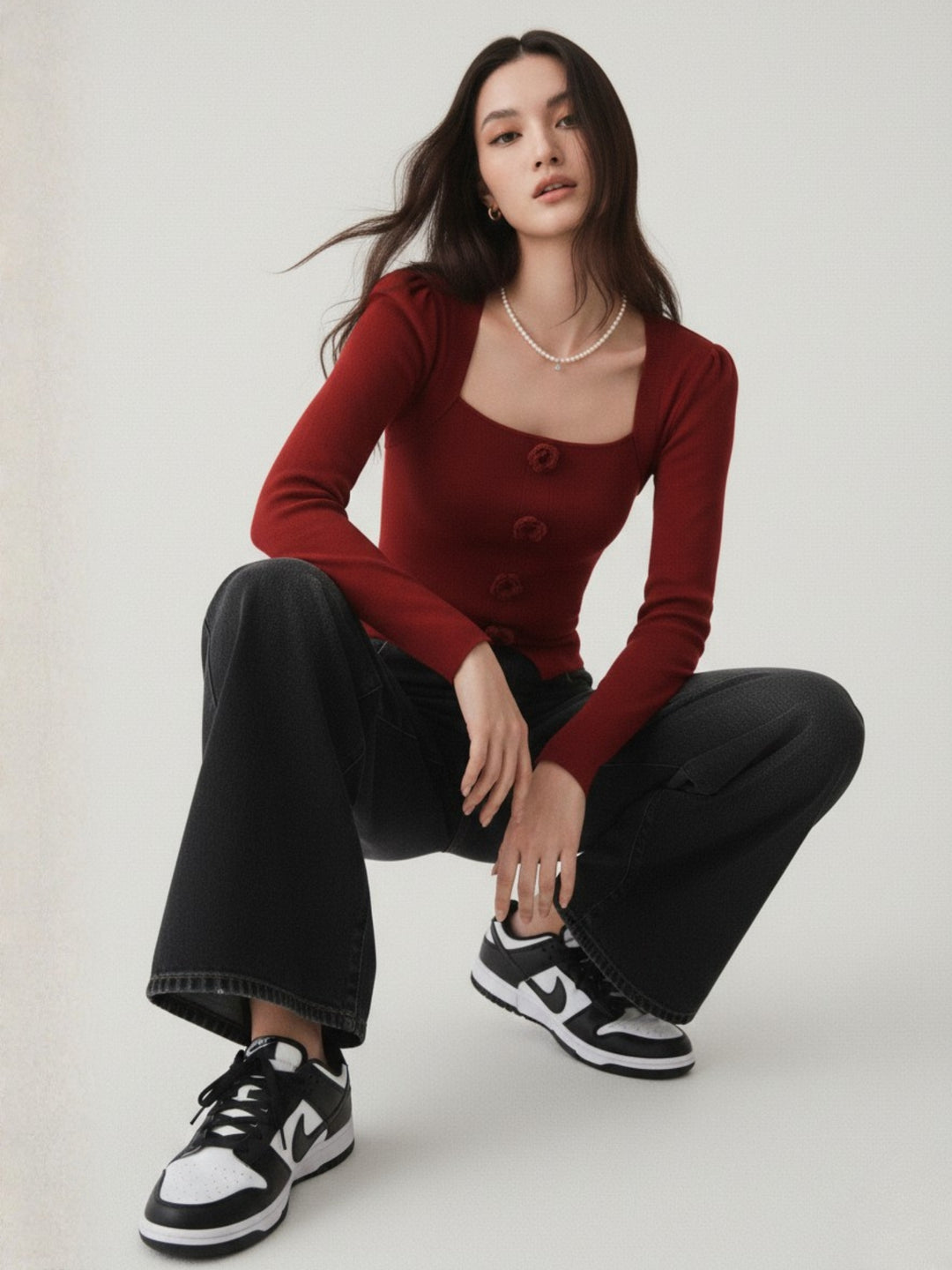 Maroon Full Sleeve Square Neck Flower Trim Top