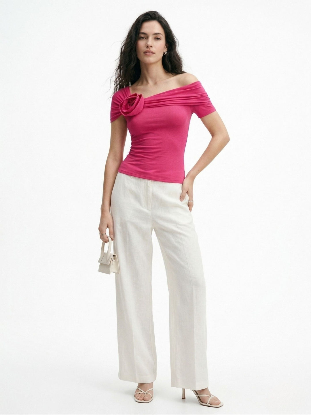 Pink Off-Shoulder Top With Rose Corsage Detail Top