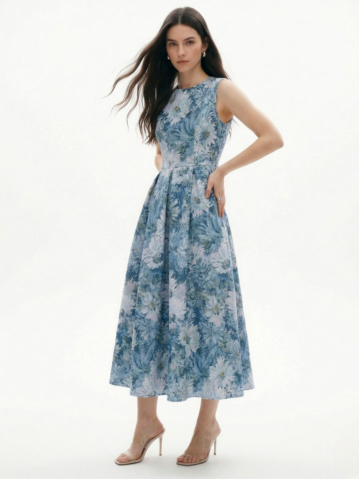 Blue High Neck Printed Gazetted Dress