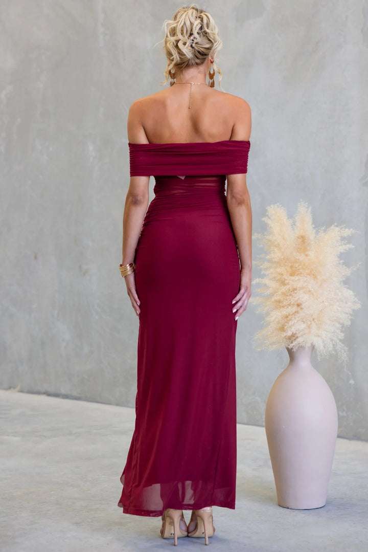 Maroon Off Shoulder Mesh Ruffle Detail Dress