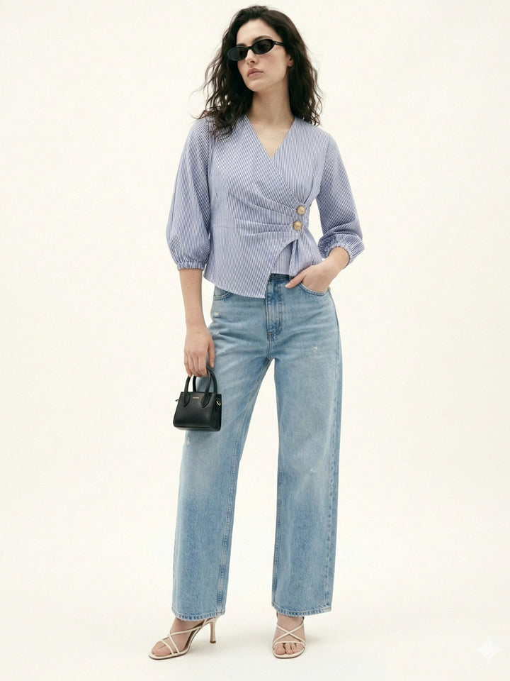 Blue Striped Wrap Blouse