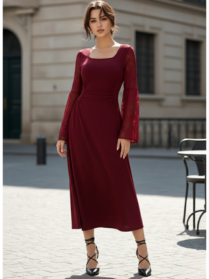Maroon Bell Sleeve Scoop Neck Lace Detail Dress
