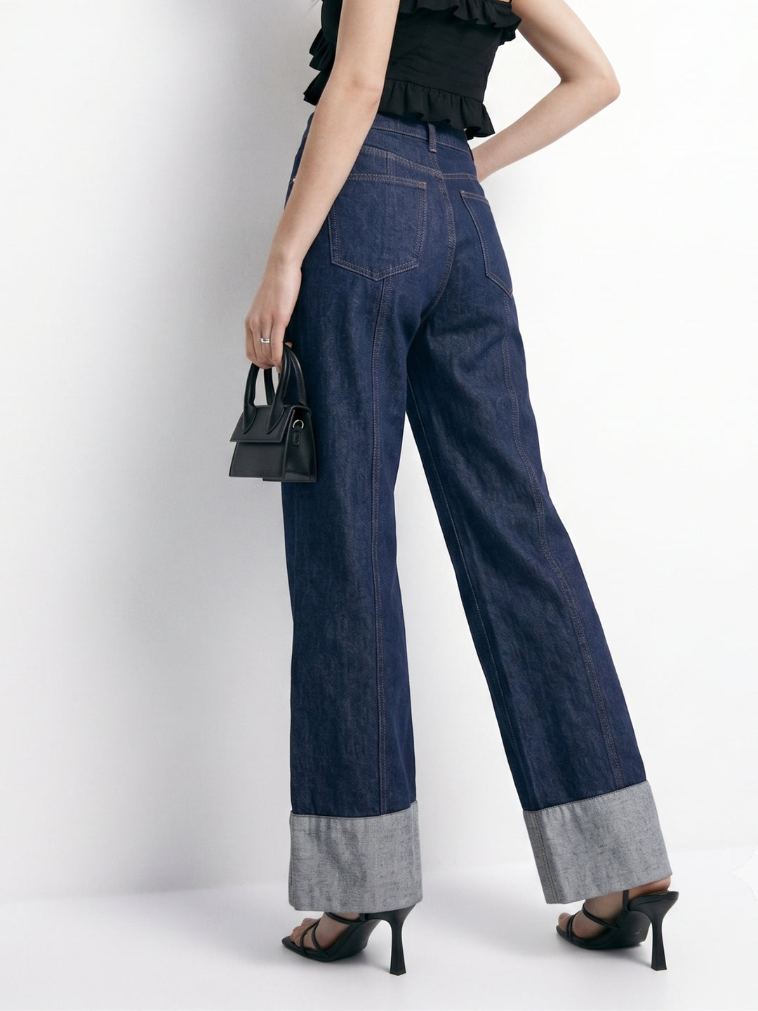 Dark Blue Folded Hem Wide Leg Jeans
