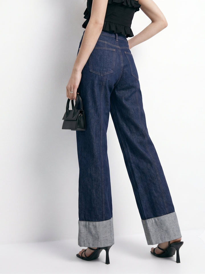 Dark Blue Folded Hem Wide Leg Jeans