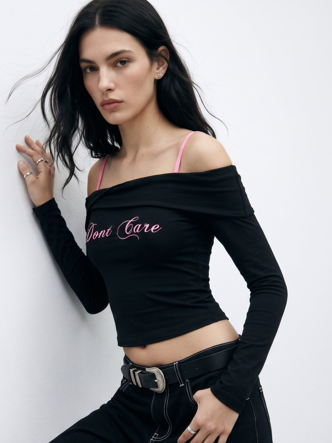 Black Wrap Neck Off-Shoulder Graphic Printed T-Shirt With Contrast Straps