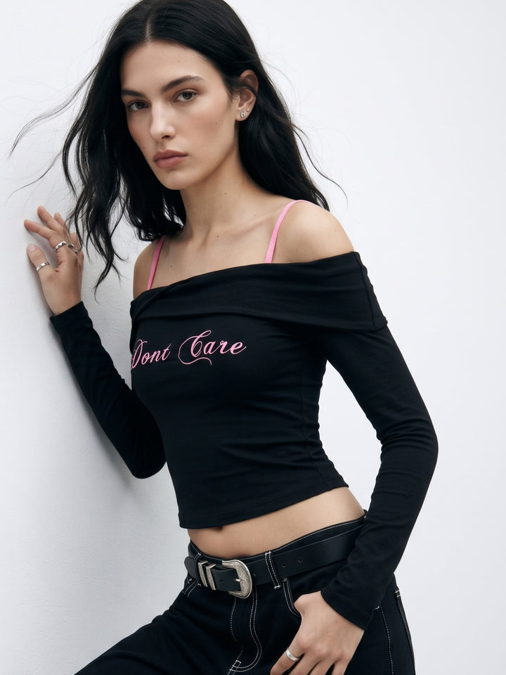 Black Wrap Neck Off-Shoulder Graphic Printed T-Shirt With Contrast Straps