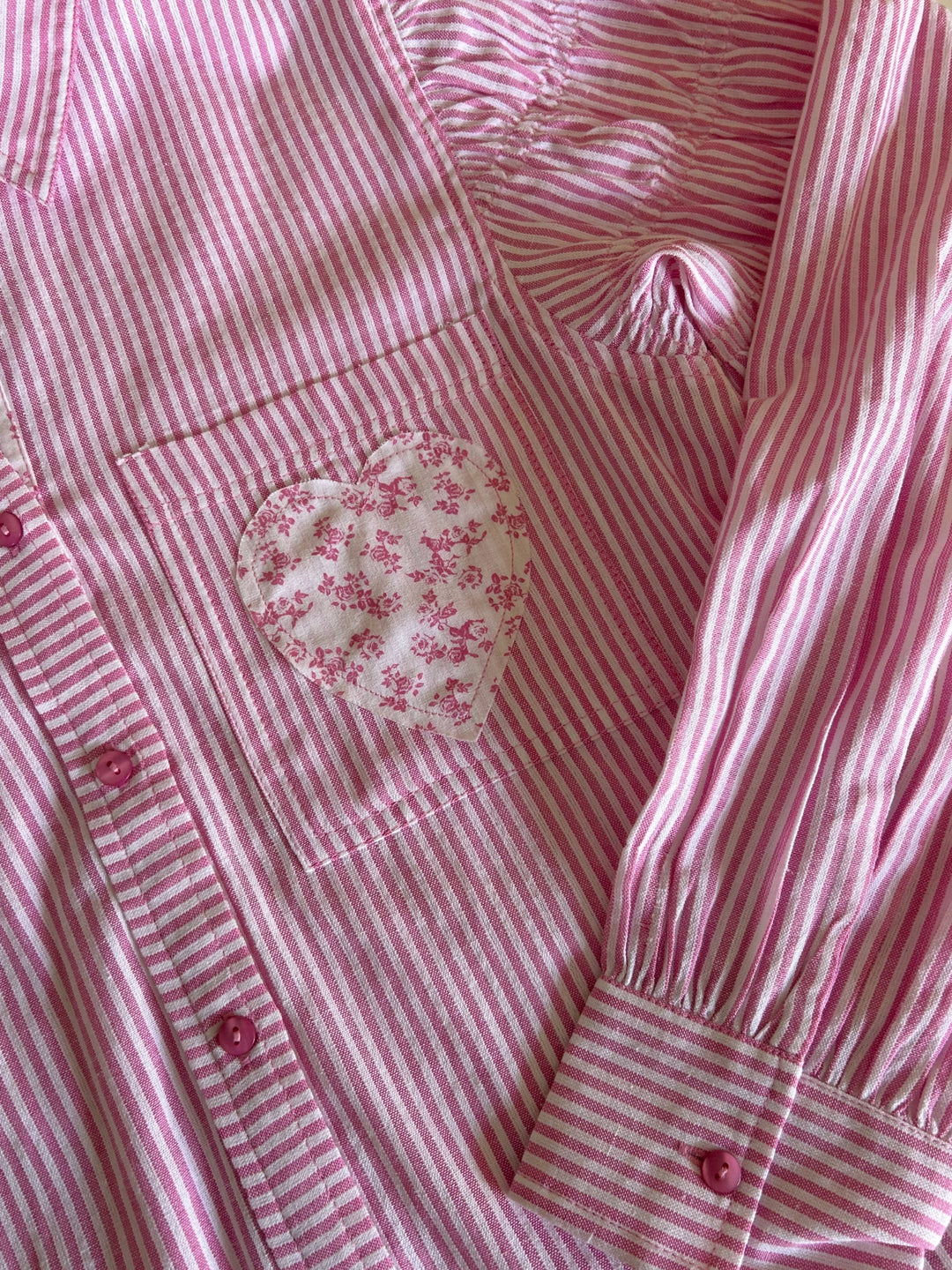 Pink Stripe Heart Appliqued Causal Shirt