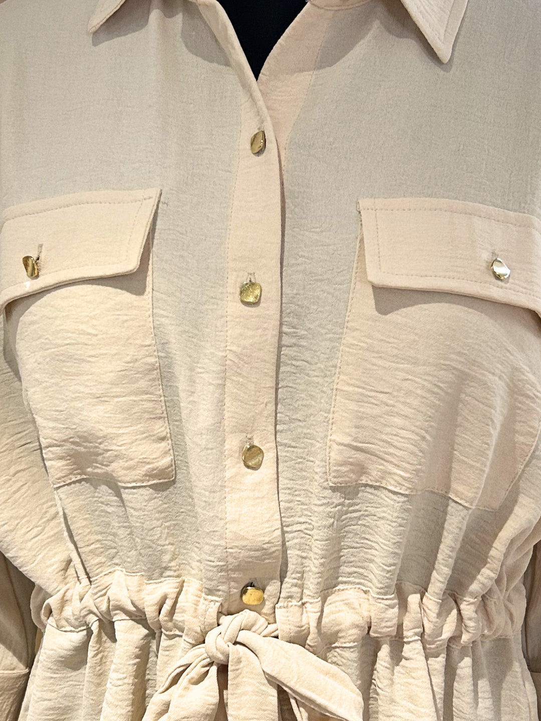 Off White Drawstring Waist Button Down Top