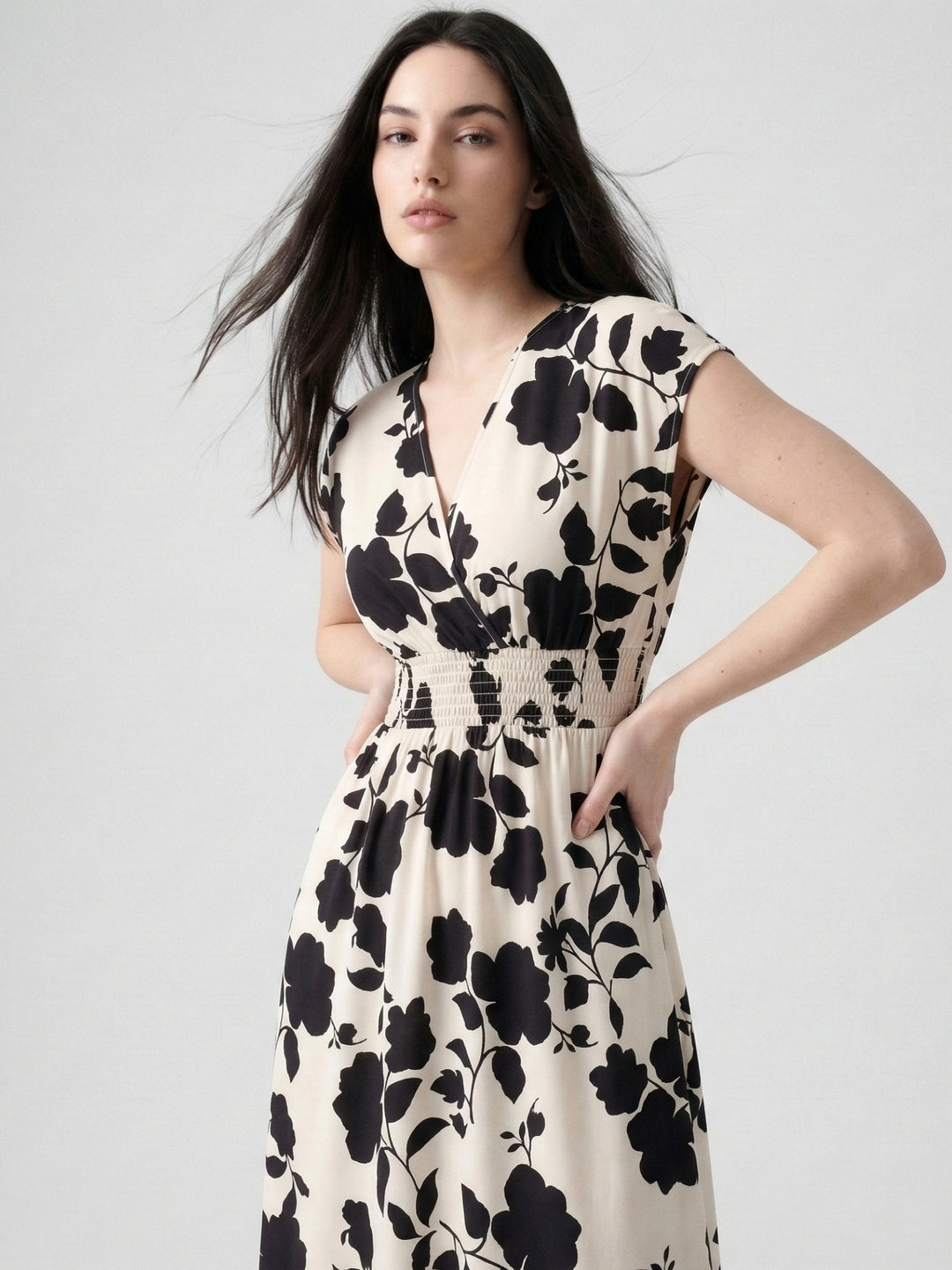 White Short Sleeve V Neck Floral Dress