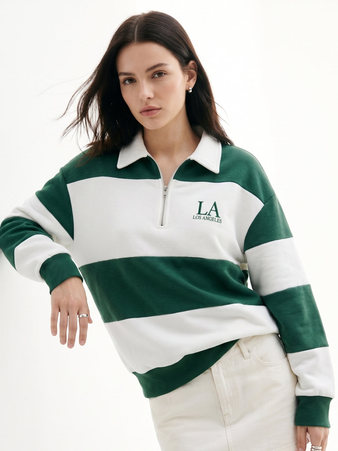 Multi Striped Varsity Graphic Printed Collared Half Zip Up Sweatshirt