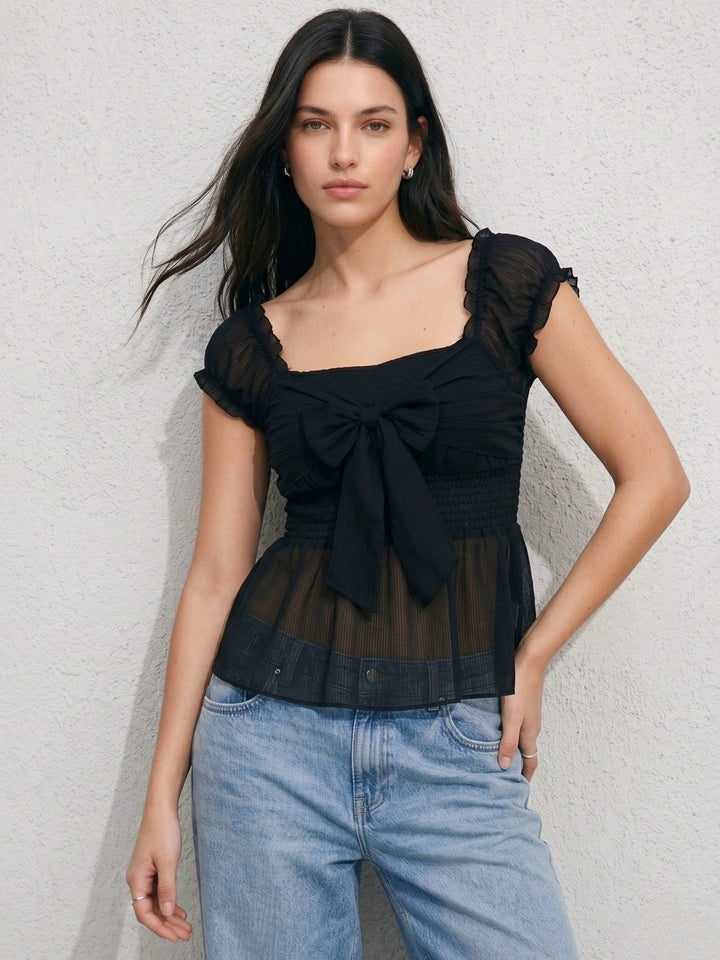 Black Square Neck Puff Sleeve Top With Centre Bow Detail