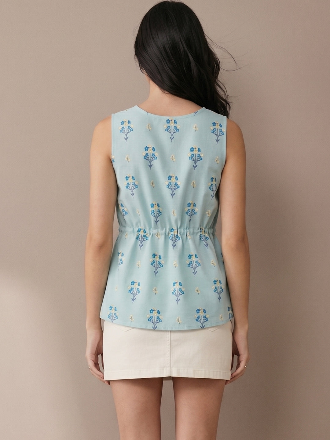 Blue Printed Peplum Top With Waist Drawstring Detail
