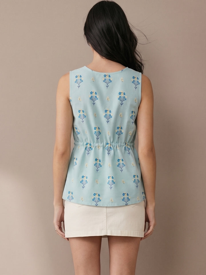 Blue Printed Peplum Top With Waist Drawstring Detail