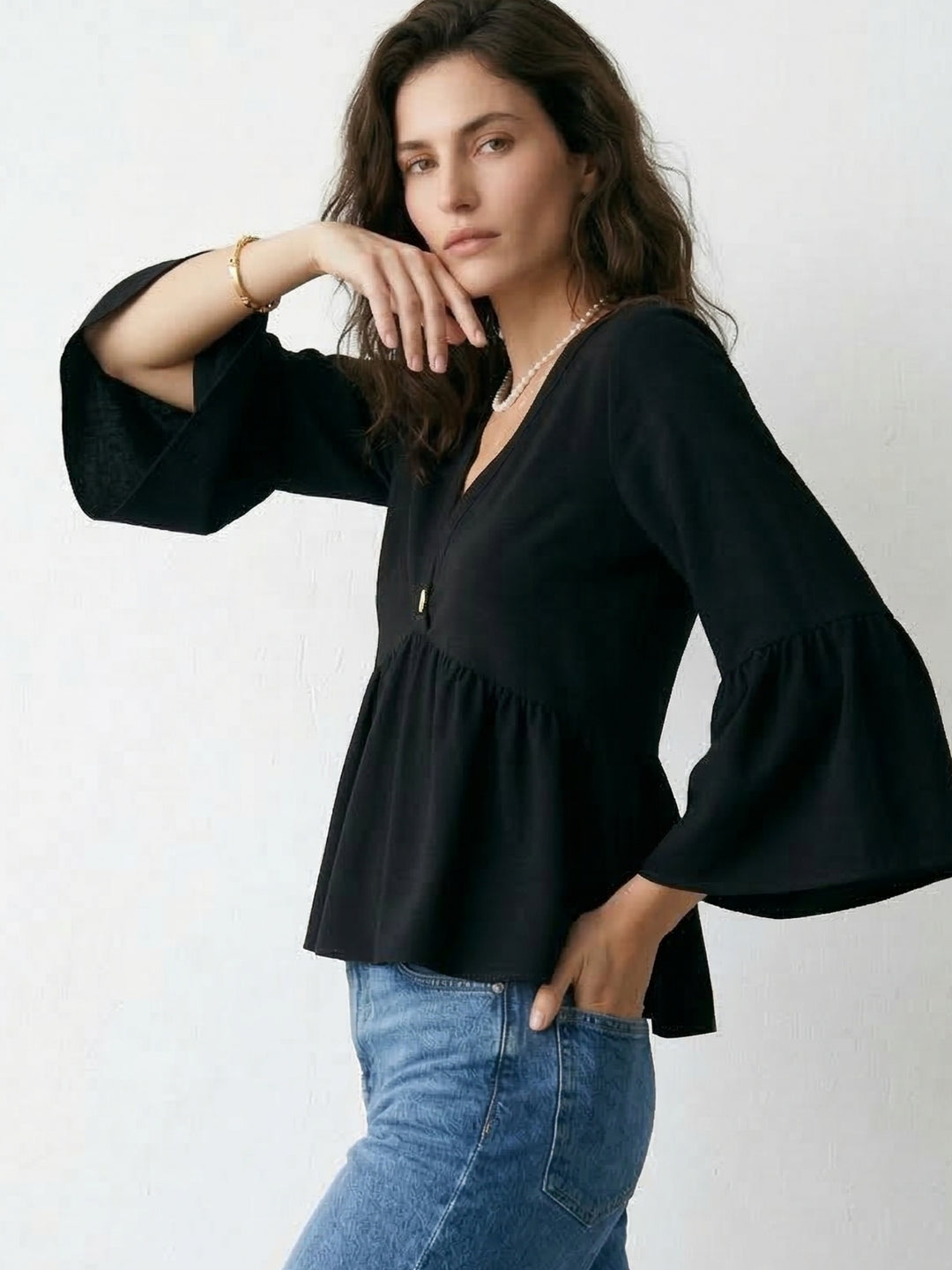 Black Bell Sleeve V Neck Top