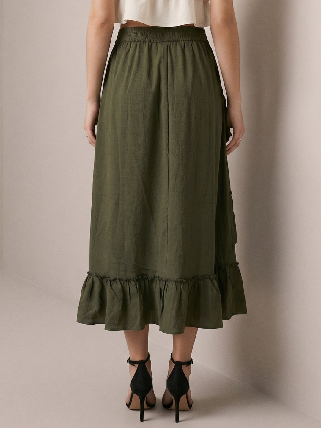 Olive Midi Skirt With Ruffle Detail