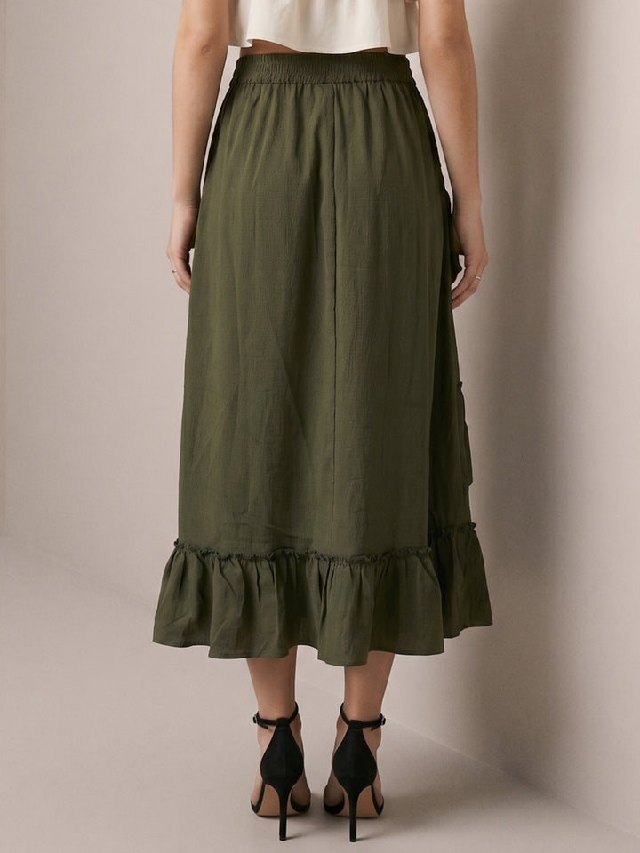 Olive Midi Skirt With Ruffle Detail