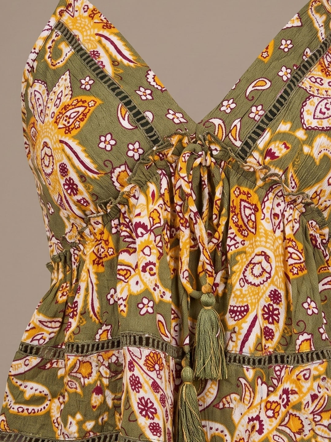 Green Bombay Paisley Floral With Tassel Details At Front