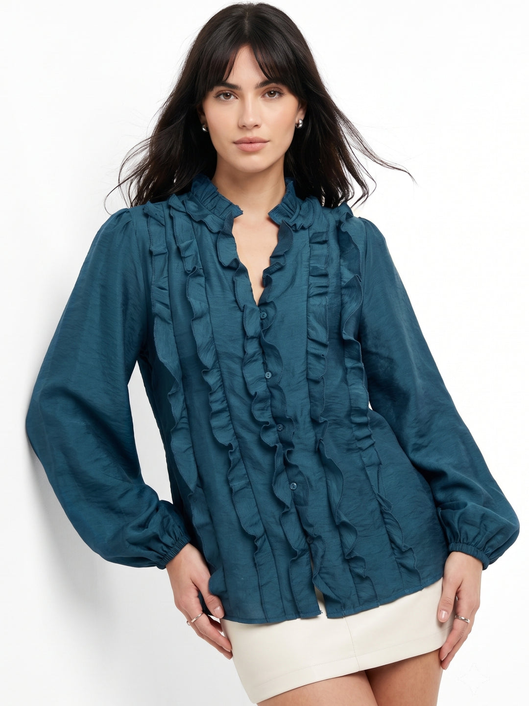 Teal Soft Ruffle Front Button Down Shirt