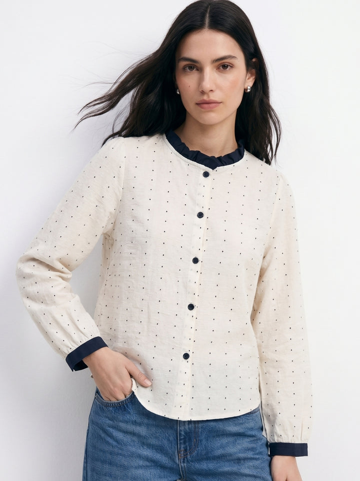 White Polka Printed Button Down Top With Contrast Binding