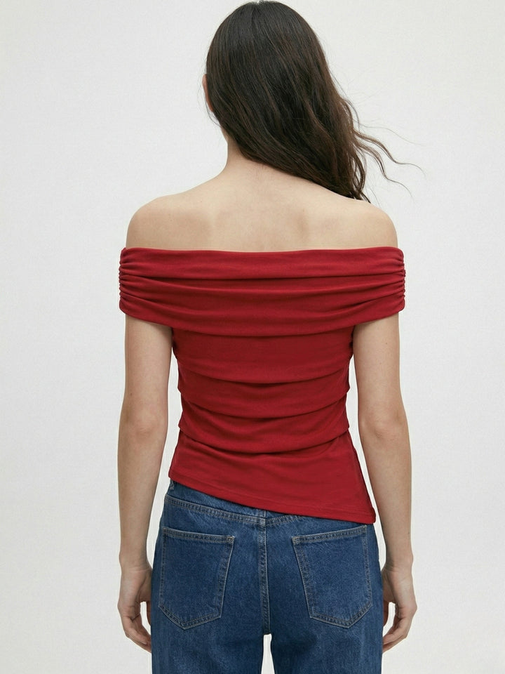 Red Off-Shoulder Basic Fitted Top