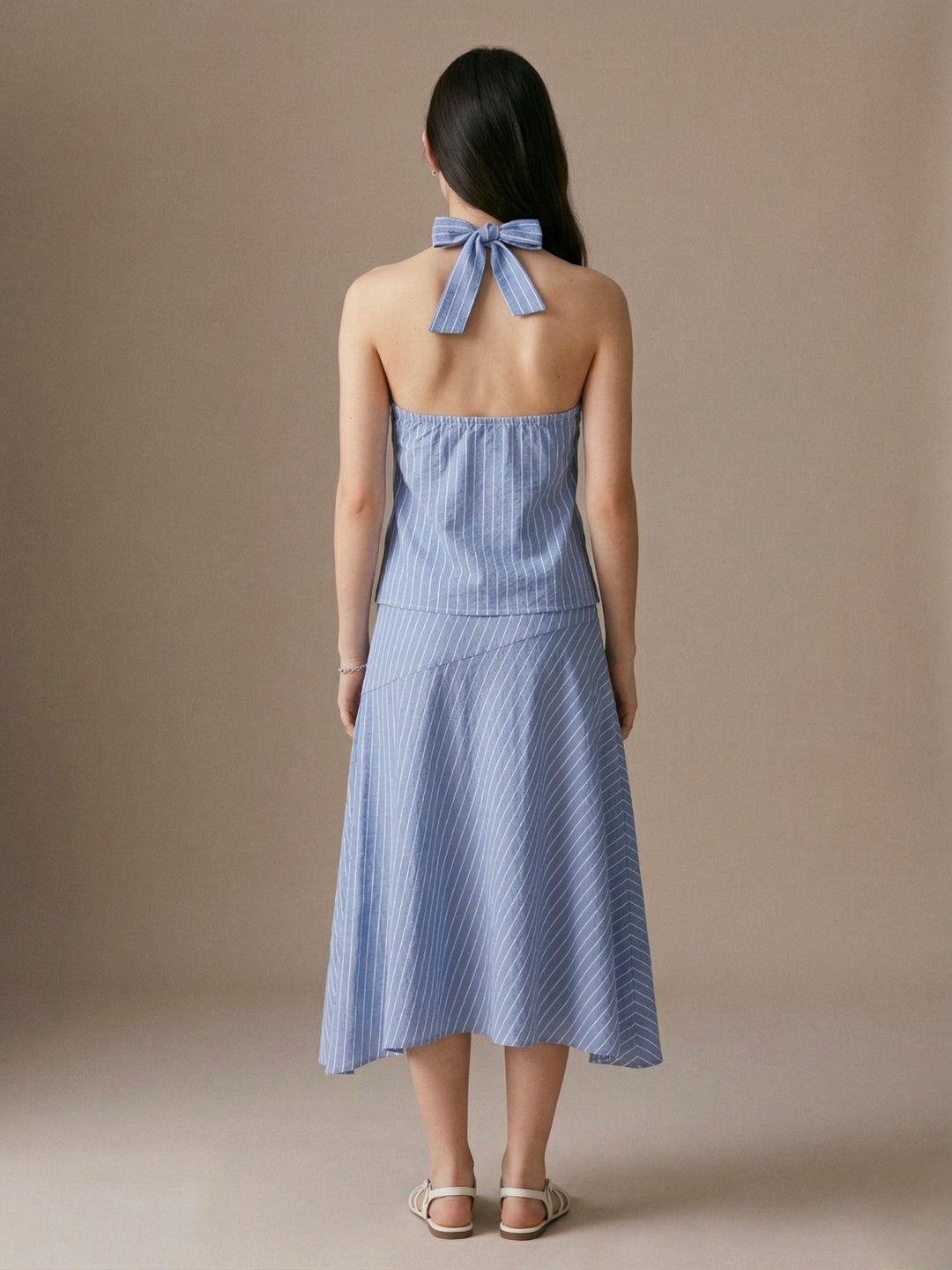 Blue Halter Neck Blouse With Hankerchief Hem Skirt Coord Set